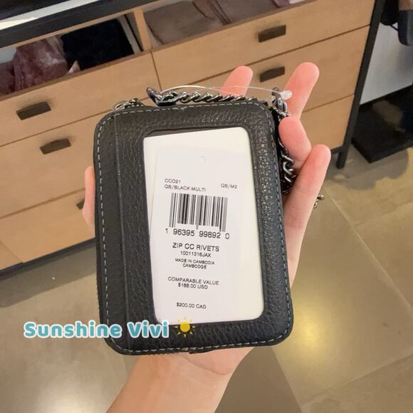 NWT Coach Zip Card Case With Rivets Refined Pebble CCO21 Leather Black Multi - Picture 4 of 5